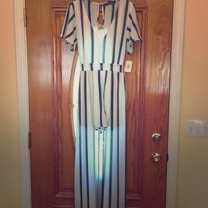 White W/Aqua & Grey Pinstripe Shorts Jumpsuit NWT